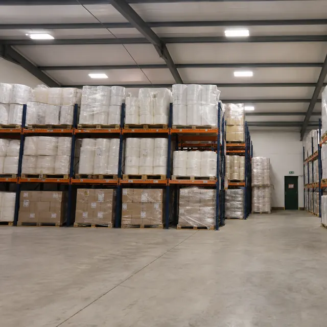 Pallets of finished paper product stored on-site at GMLUK's Grantham warehouse